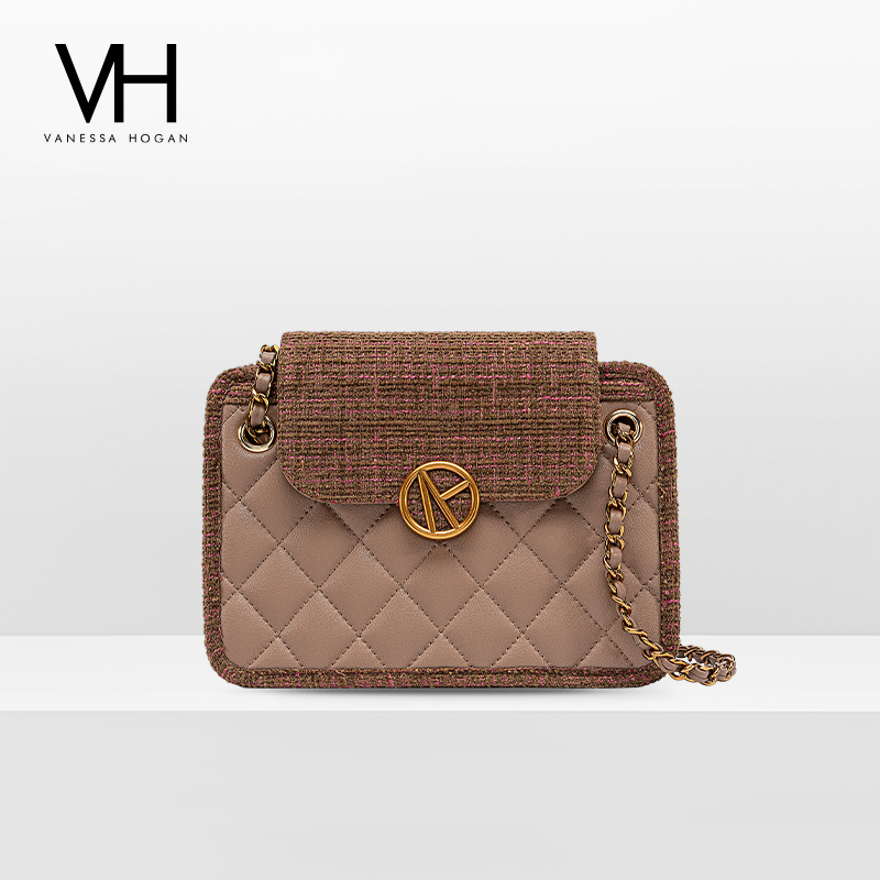 VH包包菱格纹织物设计单肩包时尚小众方包牛皮包包小香风斜挎包女