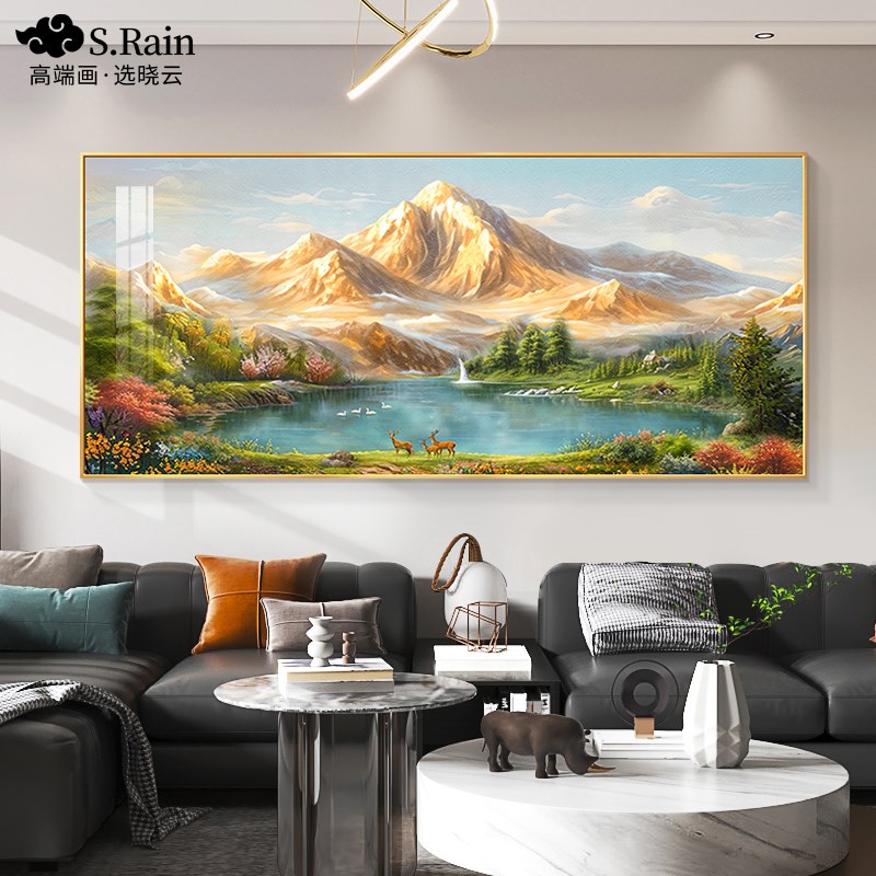 聚宝盆山水画客厅装饰画手绘油画沙发背景墙挂画背有靠山壁画高档图片