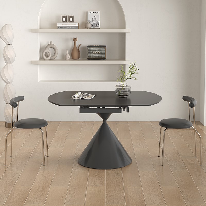 红晟伸缩岩板折叠餐桌方变圆现代小户型华尔兹黑色旋转餐桌