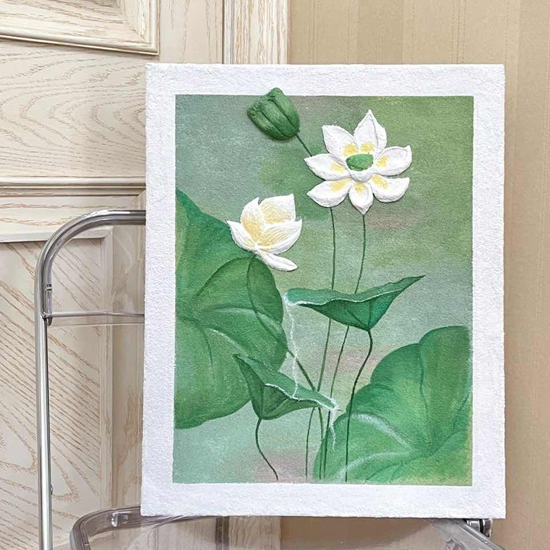 荷花立体感肌理画石英砂丙烯数字油画diyL填充材料包手工装饰挂画图片