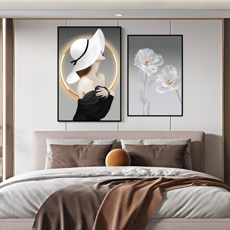 现代简约卧室床头装饰画温馨主卧B房间挂画轻奢人物背景墙装饰壁图片