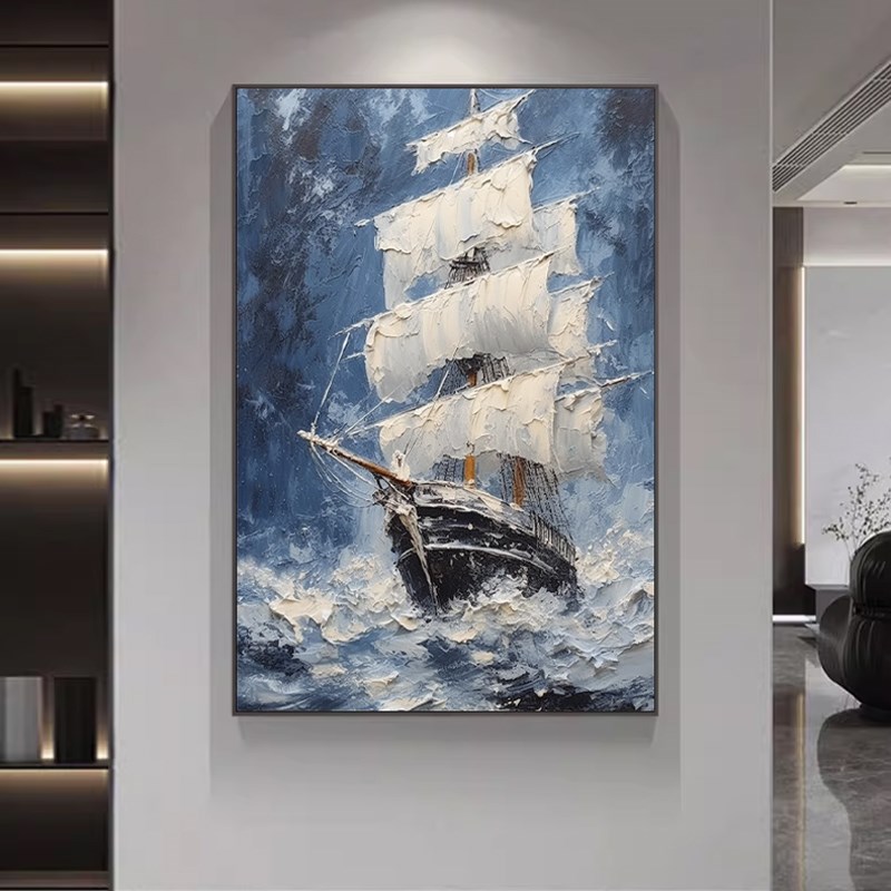 肌理手绘油画玄关背景墙装饰画现代餐厅客厅挂画书房酒店壁画帆船图片