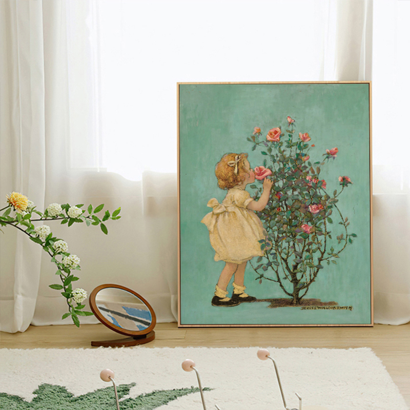 玫瑰花装饰画小众艺术油画饭厅壁画进门玄关摆画女孩W房间布置挂图片
