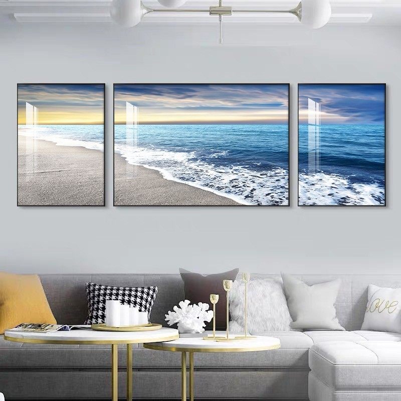 客厅装饰画沙发背景墙现代沙滩海景海边大气风景三联墙壁挂画,家居饰品,现代装饰画,淘宝优惠券,粉丝福利购,淘宝优惠卷