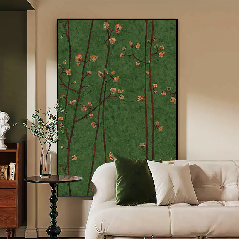 复古南洋中古风客厅装饰画绿色系玄关挂画梅花法式沙发背景墙壁画图片