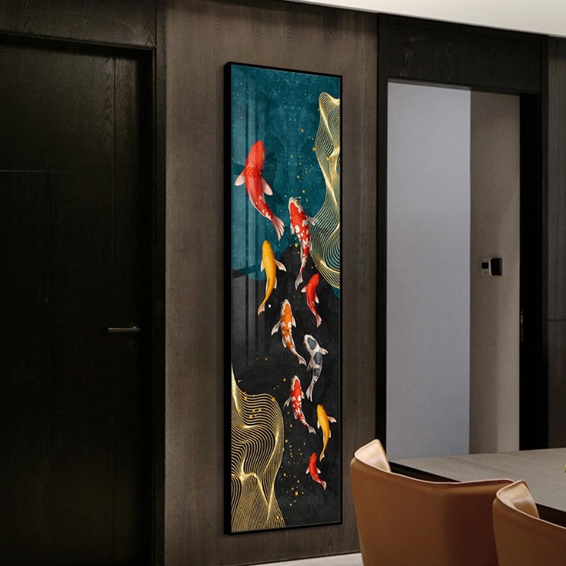 定制九鱼图玄关壁画窄背景墙装饰画长条客厅挂画入户竖款过道轻奢图片