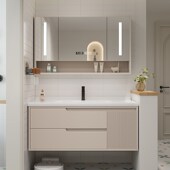 奶油风浴室柜镜柜一体陶瓷洗脸盆洗手盆柜洗漱台洗手台