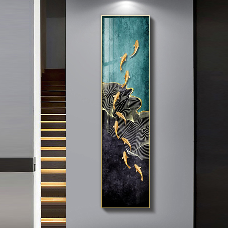 中式九鱼图玄关装饰画入户进门墙面挂画走廊过道客厅竖版长条壁画图片