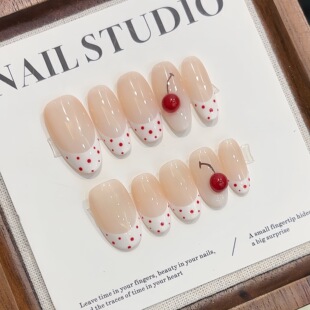 纯手工【樱桃物语】波点白色法式猫眼闪亮少女心显白通勤穿戴甲