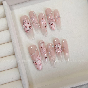 手工[草莓豹纹]甜辣手绘少女长款纯欲蝴蝶结设计高级穿戴甲