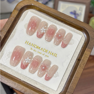 纯手工【桃花冻冻】少女心粉嫩雕花水滴裸色椭圆通勤穿戴甲