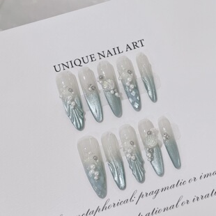 【大海传说】纯手工穿戴甲夏季新款大海秘密手绘鱼尾浪花猫眼美甲