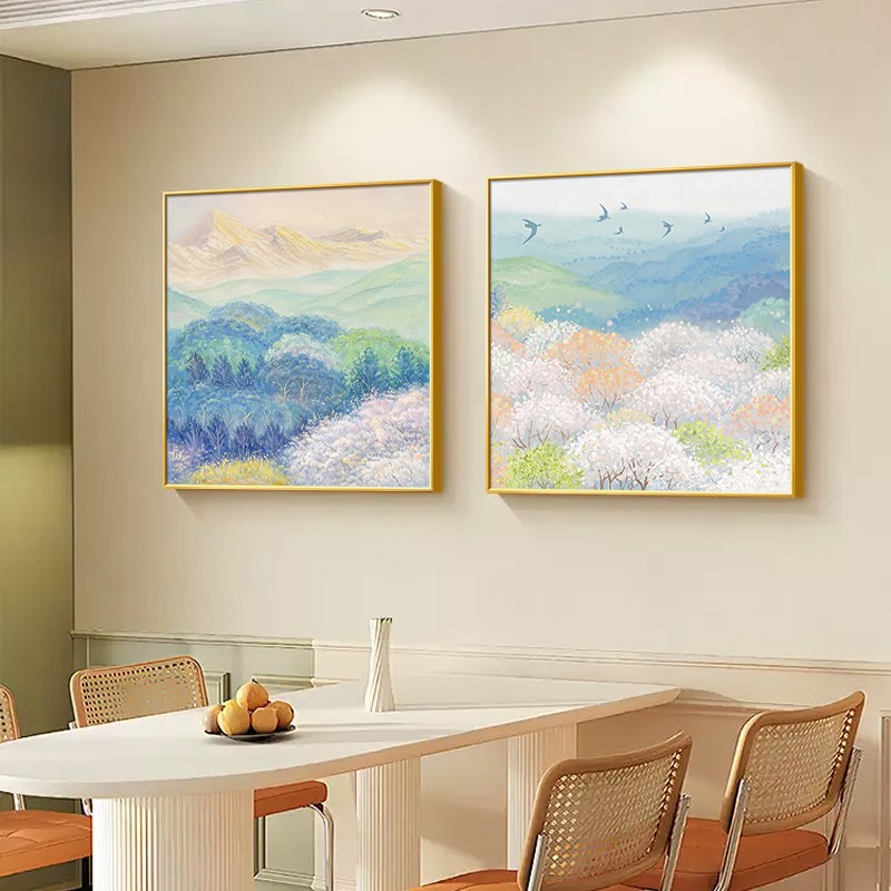 奶油风餐厅装饰画花卉客厅挂画手绘油画风景饭厅餐桌背景墙面壁画图片