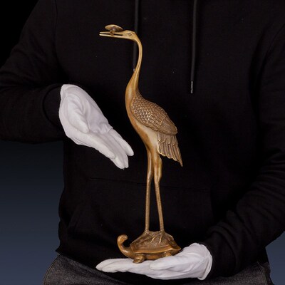 纯黄铜灵芝鹤工艺品笔挂龟鹤办公室家居龟鹤装饰品铜仙鹤