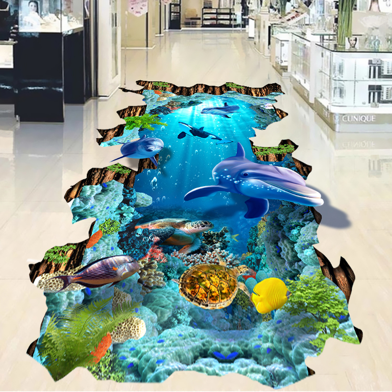 3d立体地贴纸创意商场装饰耐磨贴画简约卡通海洋墙贴布置防水贴纸图片