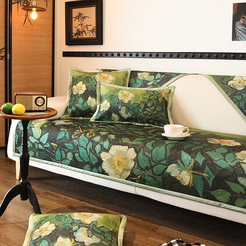 枕西湖法式复古冰丝沙发垫四季防滑透气坐垫油画艺术风皮沙发罩