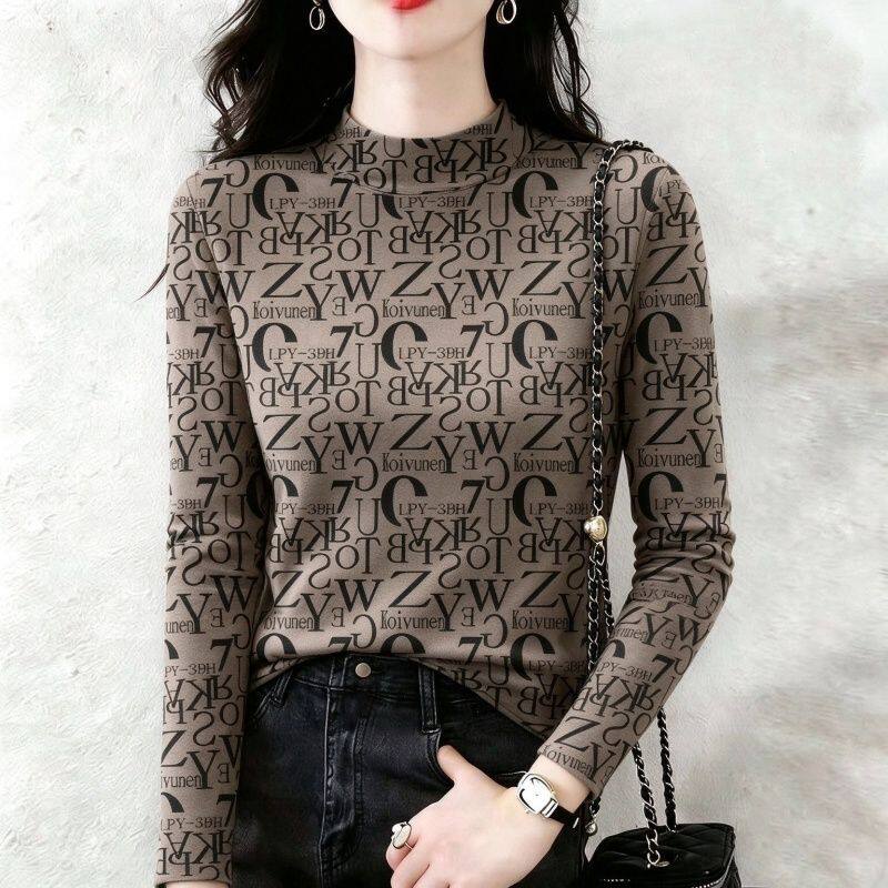 秋季德绒半高领长袖显瘦T恤女