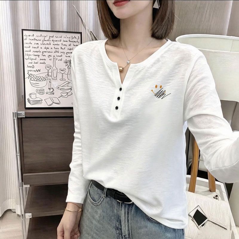 2026秋季纯棉长袖t恤新款秋冬时尚休闲减龄遮肉显瘦V领上衣女ins