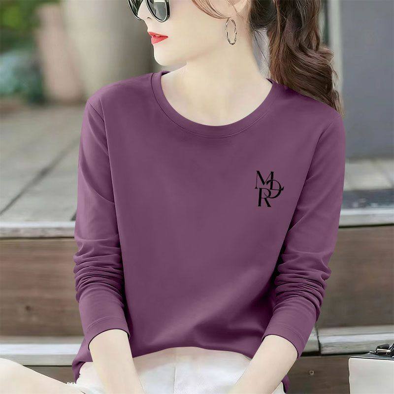 纯棉长袖大码t恤女秋冬爆款内搭洋气简约休闲时尚圆领打底衫潮ins