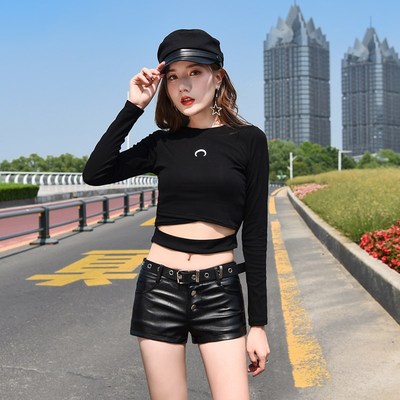 超短裤女2023秋冬时尚排扣低腰皮短裤外穿直筒靴裤性感PU皮裤衩潮