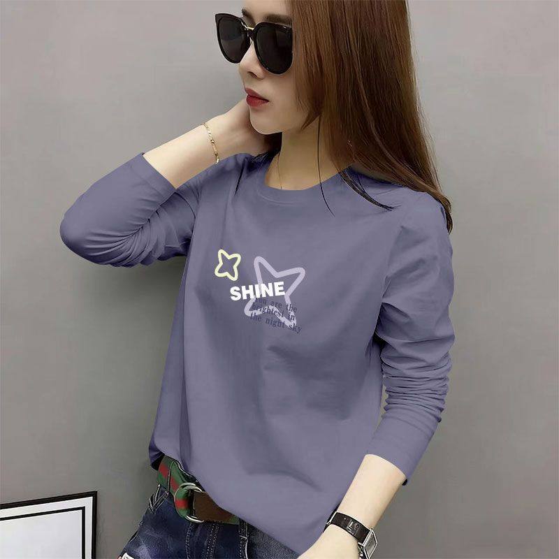 纯棉长袖大码t恤女秋冬女装洋气简约减龄印花百搭休闲上衣