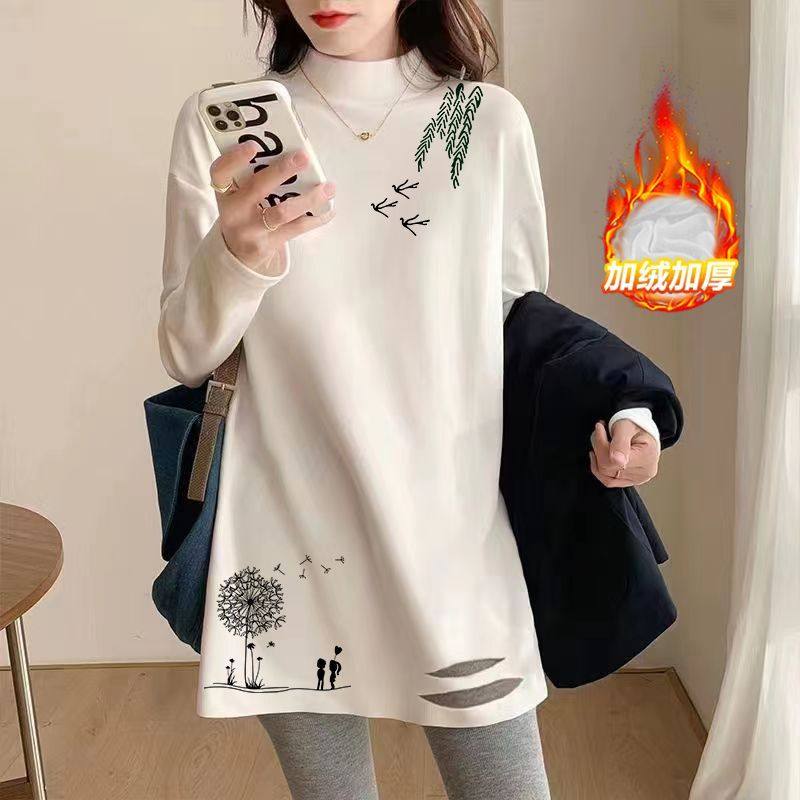 印花白色半高领长袖t恤秋冬宽松显瘦中长款保暖冬季加厚潮流上衣