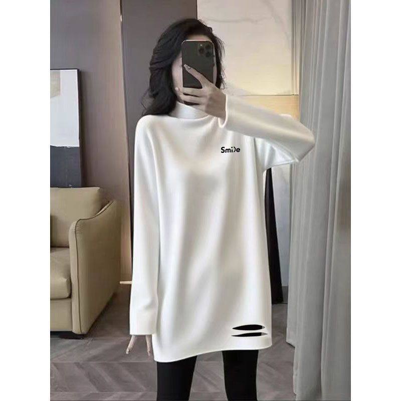 纯棉长袖大码t恤女秋冬女装百搭宽松半高领简约减龄上衣打底衫