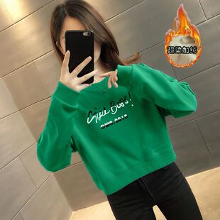 秋冬加绒加厚纯棉短款卫衣女气质韩版宽松显瘦小个子潮流高腰外套