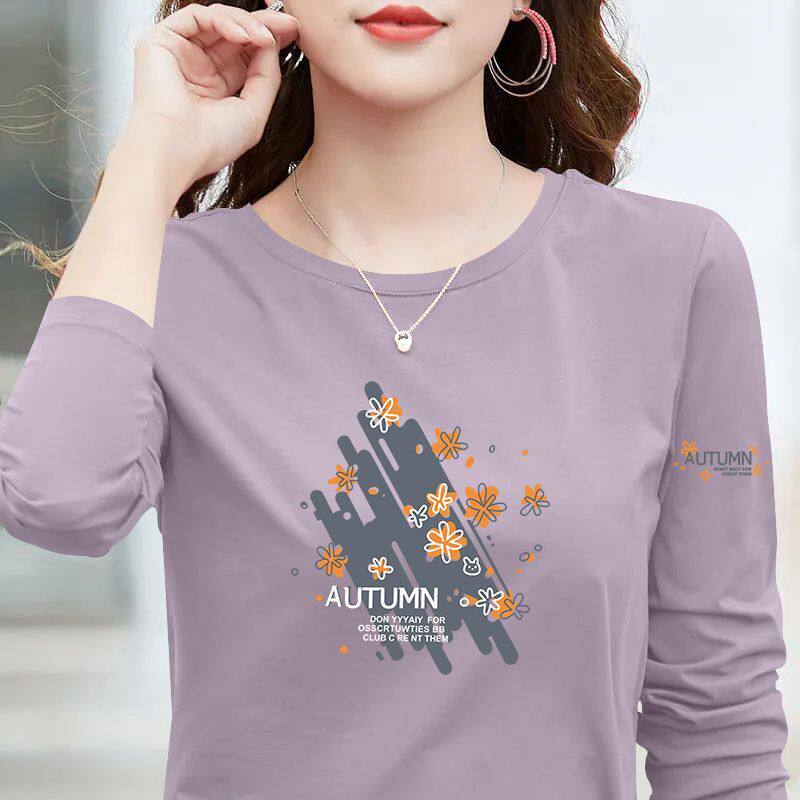 纯棉长袖潮流T恤女秋冬女装百搭印花休闲气质宽松遮肉打底上衣ins