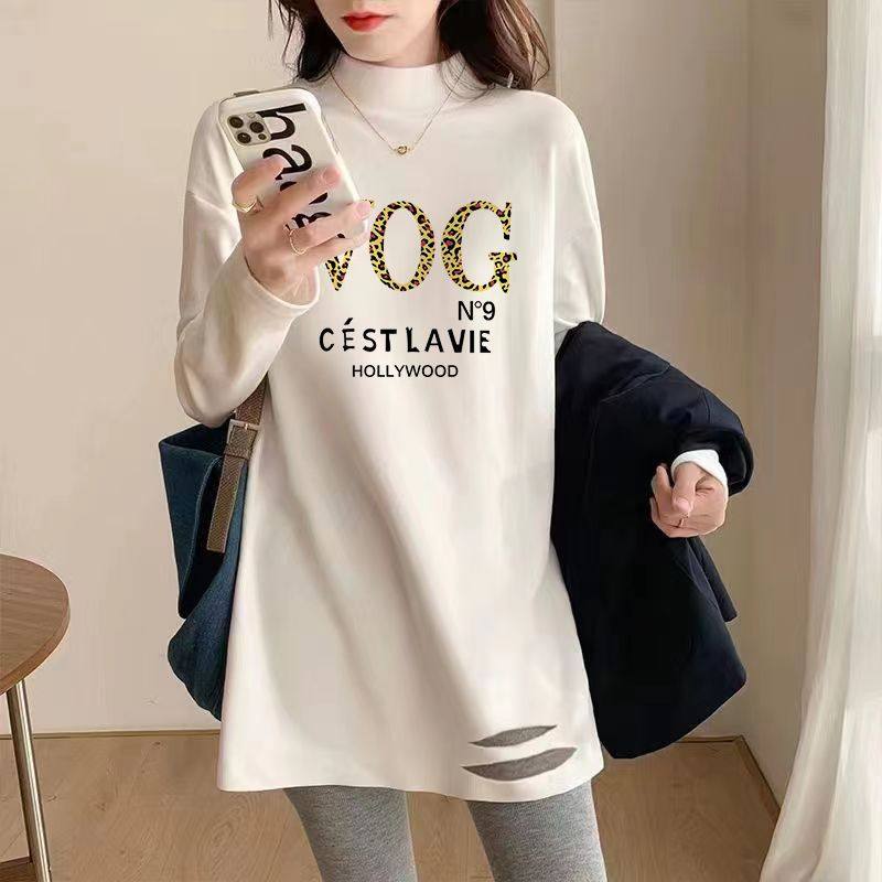 纯棉加绒加厚长袖t恤中长款破洞宽松半高领秋冬加厚打底衫女上衣