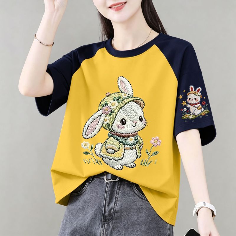 纯棉女士短袖T恤女夏季半袖休闲ins宽松设计感大码韩版上衣女汗衫