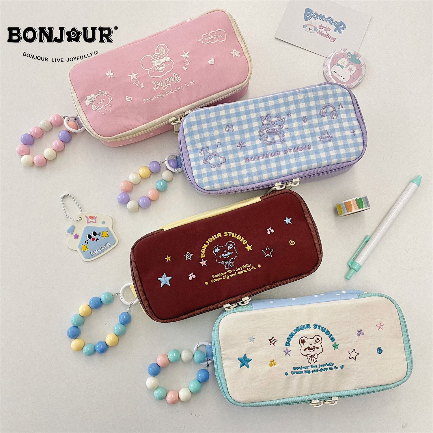 Bonjour 高颜值少女心卡通分隔多层大容量原创学生文具收纳笔袋