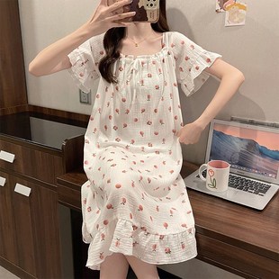 纯棉纱布短袖 睡裙女夏季 甜美公主风双层纱棉绸夏天睡X衣裙子家居