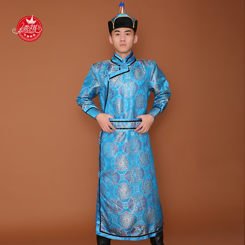 新品蒙古袍男缎面长款蒙古族服装少数民族服装演出舞蹈日常生活服