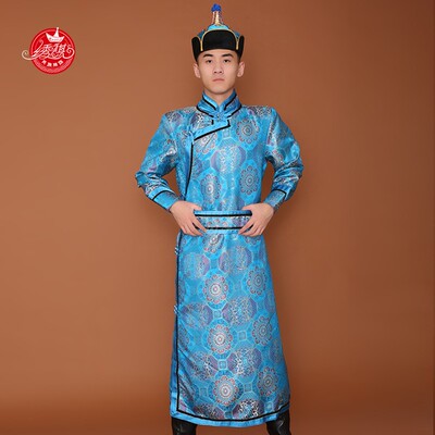 新品蒙古袍男缎面长款蒙古族服装少数民族服装演出舞蹈日常生活服