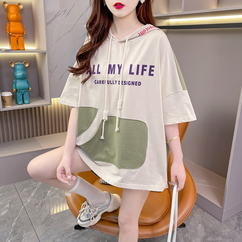 纯棉口袋撞色设计感宽松大码短袖t恤女夏季洋气中长款连帽上衣潮