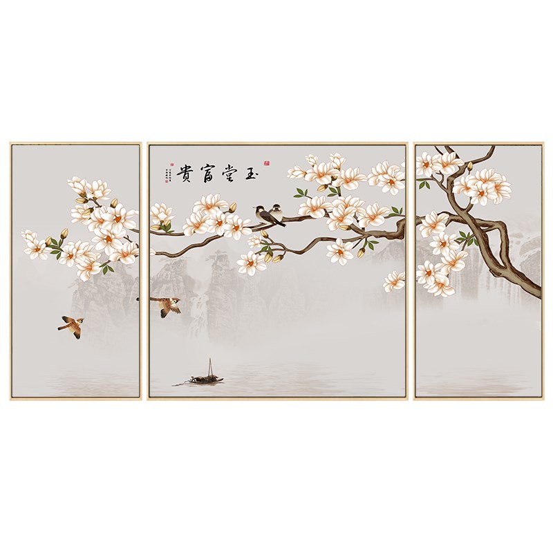 新中式客厅装饰画中国风挂画雅趣沙发背景墙画家庭三联花鸟壁画图片