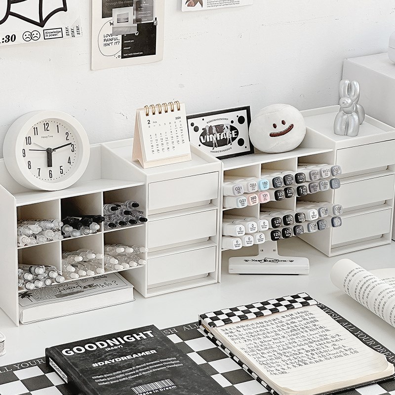 马克笔收纳盒学生儿童桌面斜插式多格笔筒办公桌文具带抽屉置物架