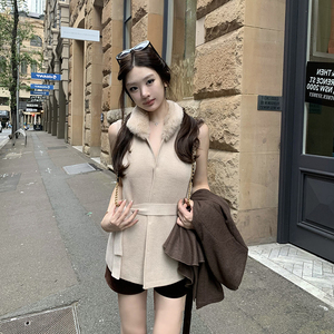 秋冬季高级感气质毛领马甲外套女小个子修身显瘦系带无袖针织开衫