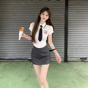 辣妹jk制服套装女学院风polo领t恤收腰气质西装tr包臀裙两件套夏