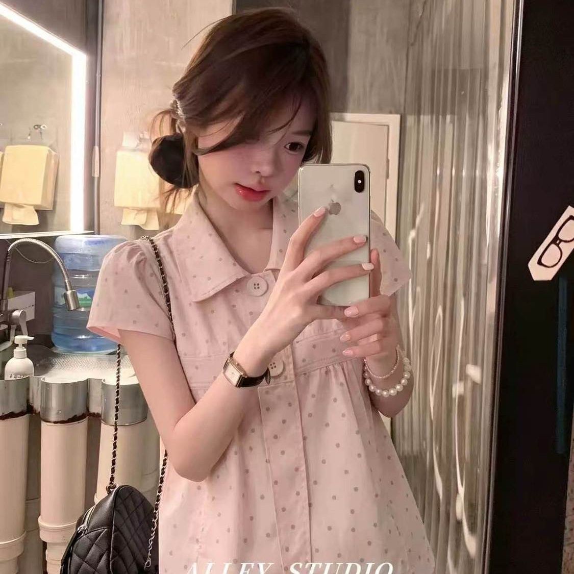 粉色甜美风波点短袖衬衫女夏一个子娃娃领减龄小衫超好看漂亮上衣