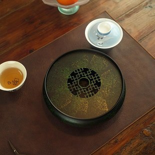 中式圆型茶盘壶承储水干泡茶台大漆老铁器复古茶具禅意茶道茶托盘