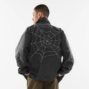 蜘蛛网刺绣皮衣外套男潮牌vibe风高级感痞帅美式 高街翻领机车夹克