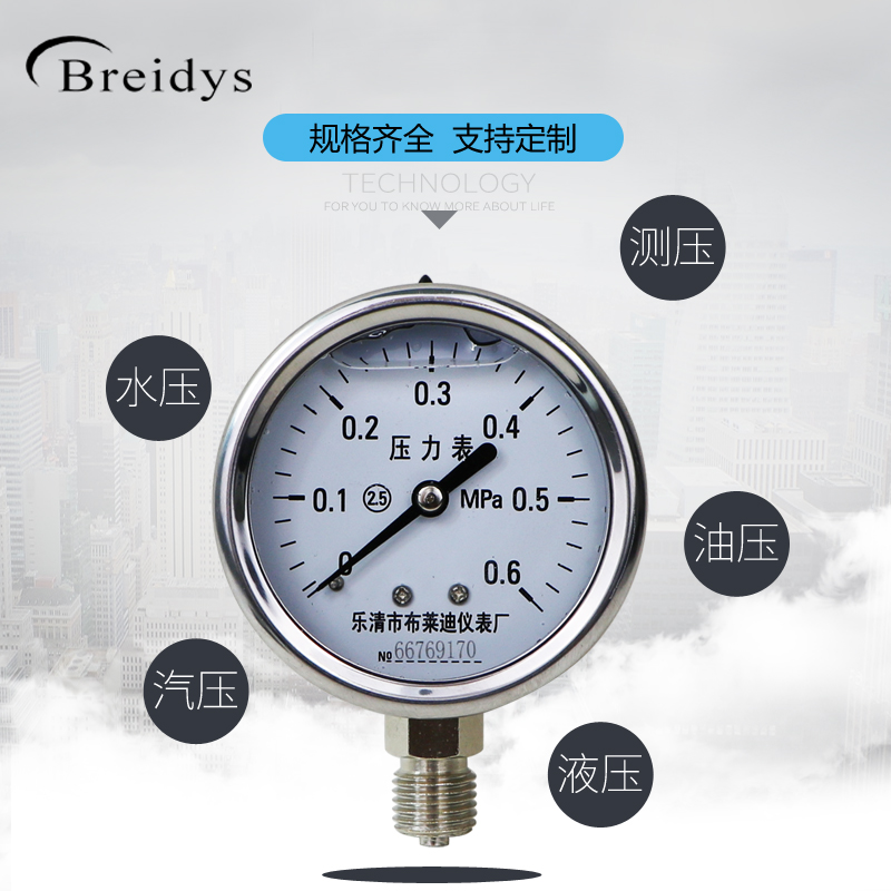 压力表YN60BF全不锈钢耐震压力表0-1.6/100mpa多量程水压气压表