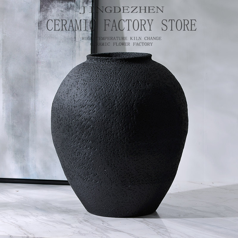 中式复古禅意黑色粗陶陶罐花瓶客厅插花陶瓷摆P件酒店样板间装饰,家居饰品,花瓶,淘宝优惠券,粉丝福利购,淘宝优惠卷