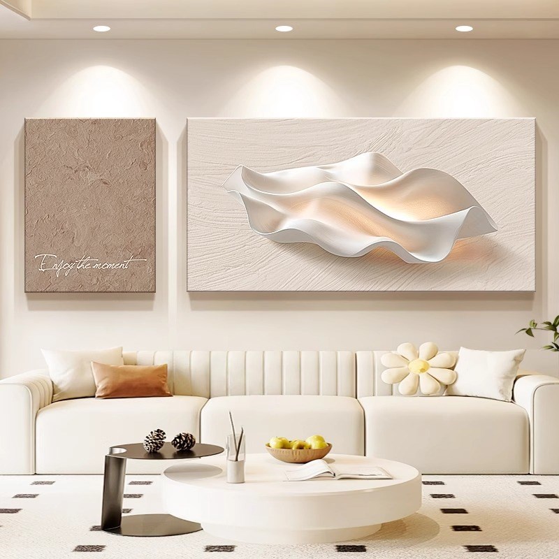 奶油风客厅装饰画抽m象浮雕立体感双联墙壁画高级感沙发背景墙壁图片