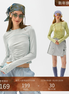 瞬时山野Monterest户外5A抗菌羊毛混纺打底抽褶修身长袖圆领T恤女