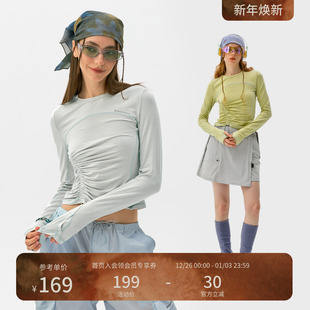 瞬时山野Monterest户外5A抗菌羊毛混纺打底抽褶修身 圆领T恤女 长袖