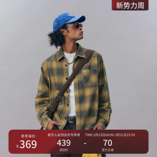 瞬时山野Monterest水洗印花磨毛格纹衬衫 复古纯棉休闲衬衣外套男