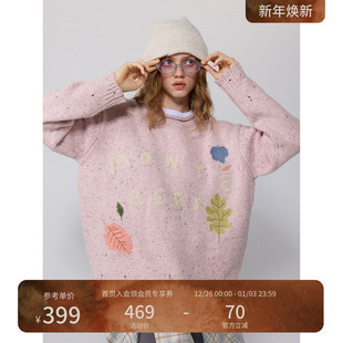 瞬时山野Monterest圆领手勾刺绣字母毛衣破洞慵懒感套头针织衫 女